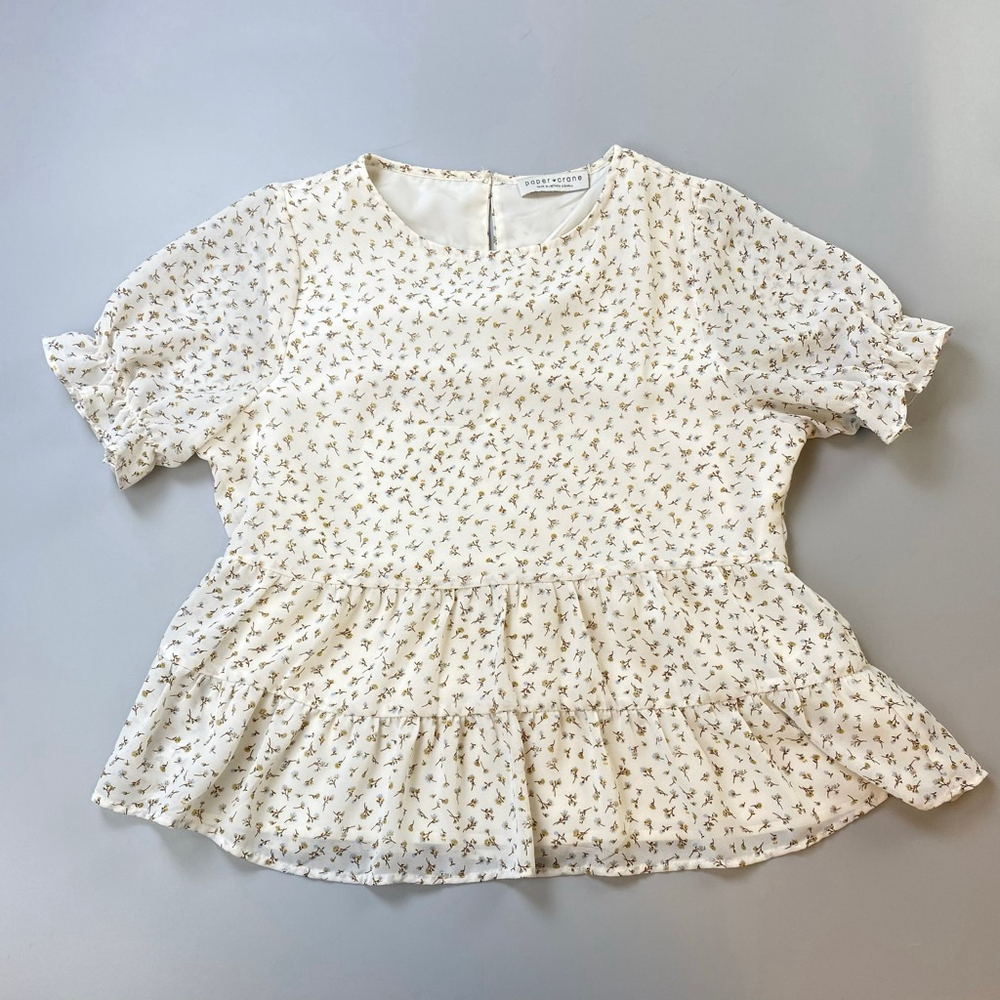 Paper Crane Blouse XS White Floral Peplum Top Ruffle Sheer Lined Cottage Pretty